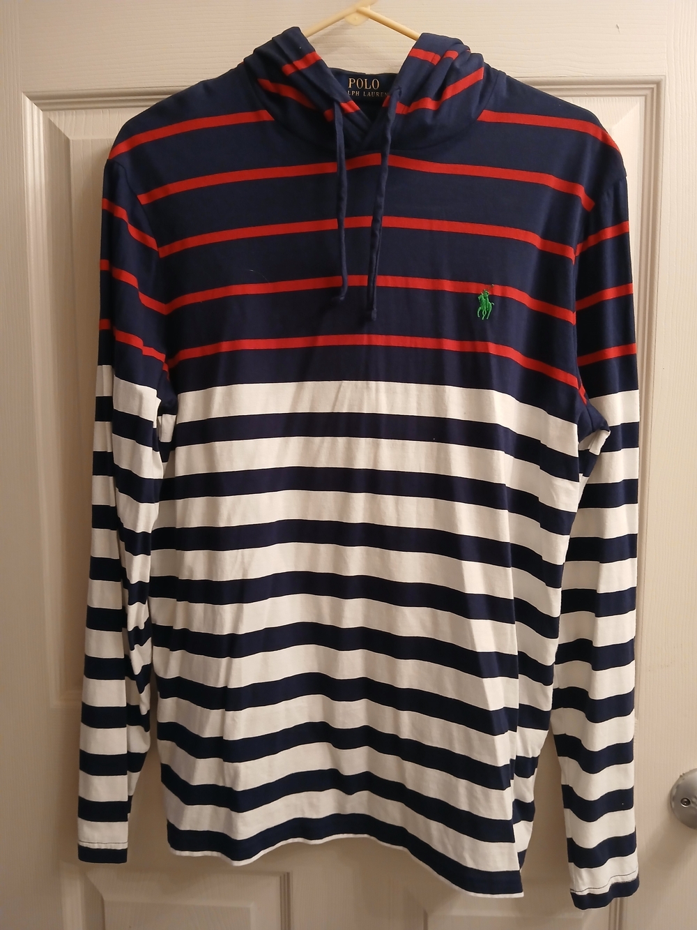 Ralph Lauren Navy, White & Red Striped Hooded Long-Sleeve Shirt